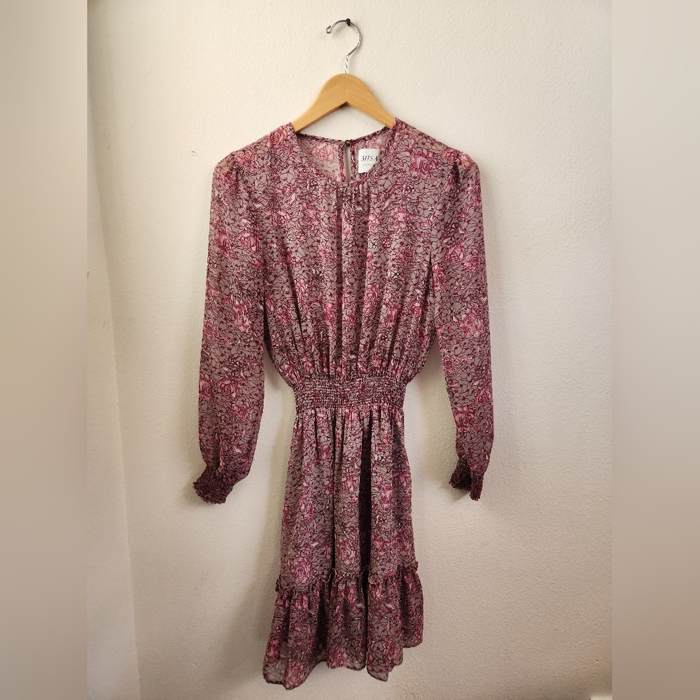 Misa Los Angeles Floral Vine Print Smocked Dress Pink Purple Gray Sheer Small